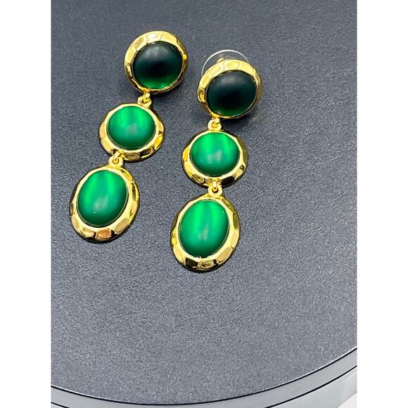 J. Crew Triple-Drop Tiered Matte-Green Glass Rhinestone Gold Tone Earrings - Picture 4 of 9